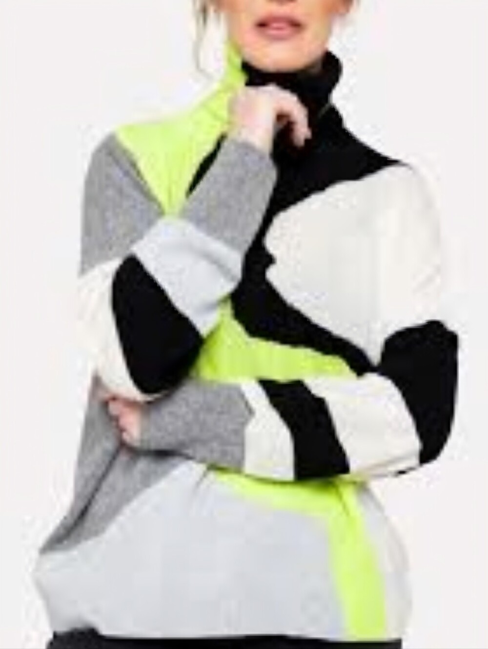Brodie Cashmere Abstract Roll Neck Sweater, Black/Super Grey, Neon Yellow, White